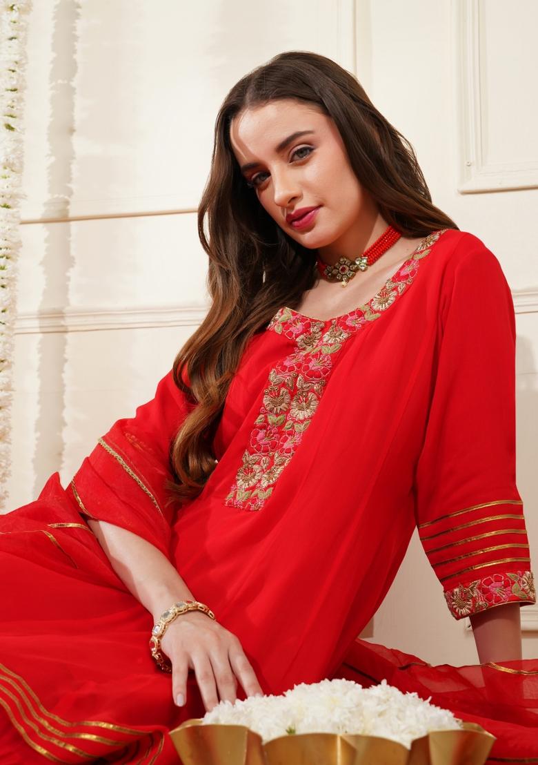 Red Dubka Georgette Sharara Set - Indya