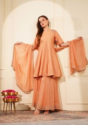 Dark Peach Stone Work Silk Sharara Set