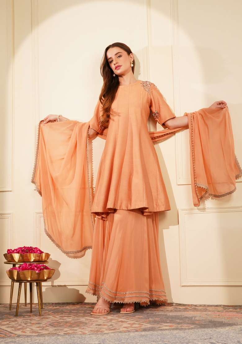 Dark Peach Embroidered Silk Blend Sharara Set - Indya