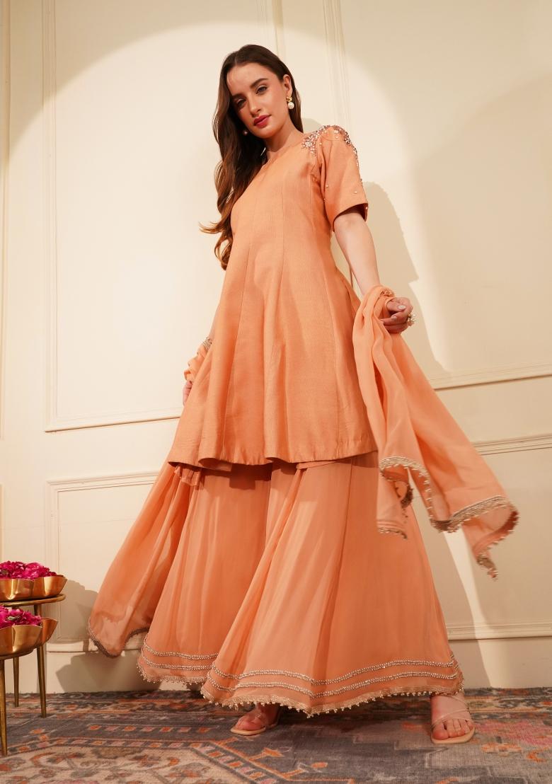 Dark Peach Stone Work Silk Sharara Set - Indya