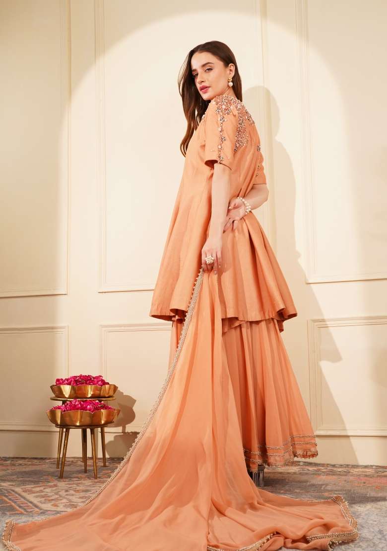 Dark Peach Embroidered Silk Blend Sharara Set - Indya