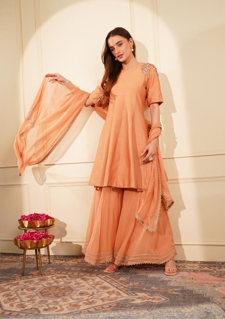 Dark Peach Stone Work Silk Sharara Set - Indya