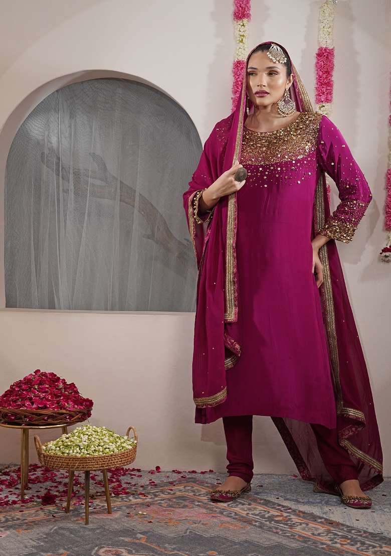 White Embroidered Crepe Pakistani Suit Set - Indya