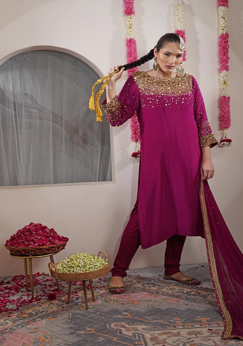 White Sequins Crepe Straight Kurta Set - Indya