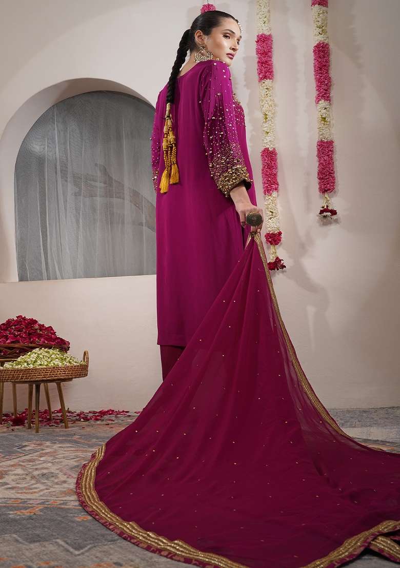 White Embroidered Crepe Pakistani Suit Set - Indya
