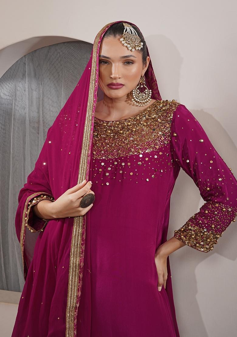 White Sequins Crepe Straight Kurta Set - Indya