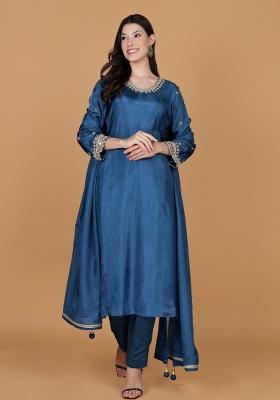 Blue Beads Work Silk Straight Kurta Set