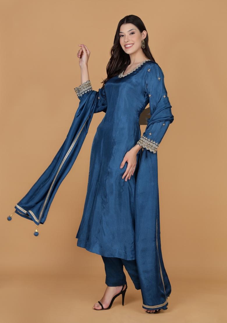 Blue Beads Work Silk Straight Kurta Set - Indya