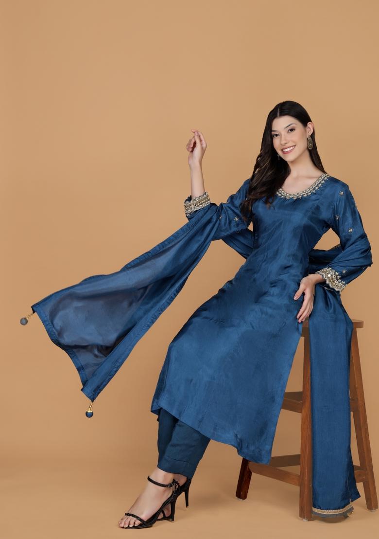 Blue Beads Work Silk Straight Kurta Set - Indya