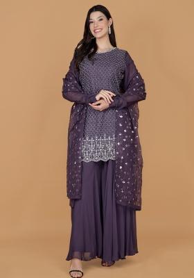 Purple Beads Work Silk Sharara Set