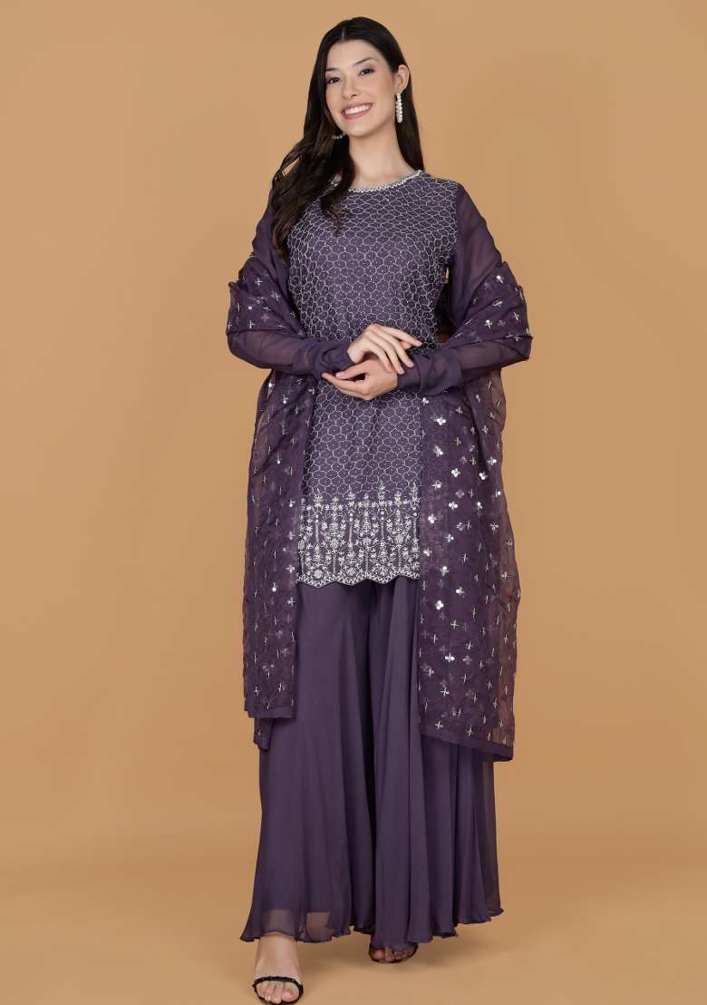Purple Embroidered Silk Blend Sharara Set - Indya