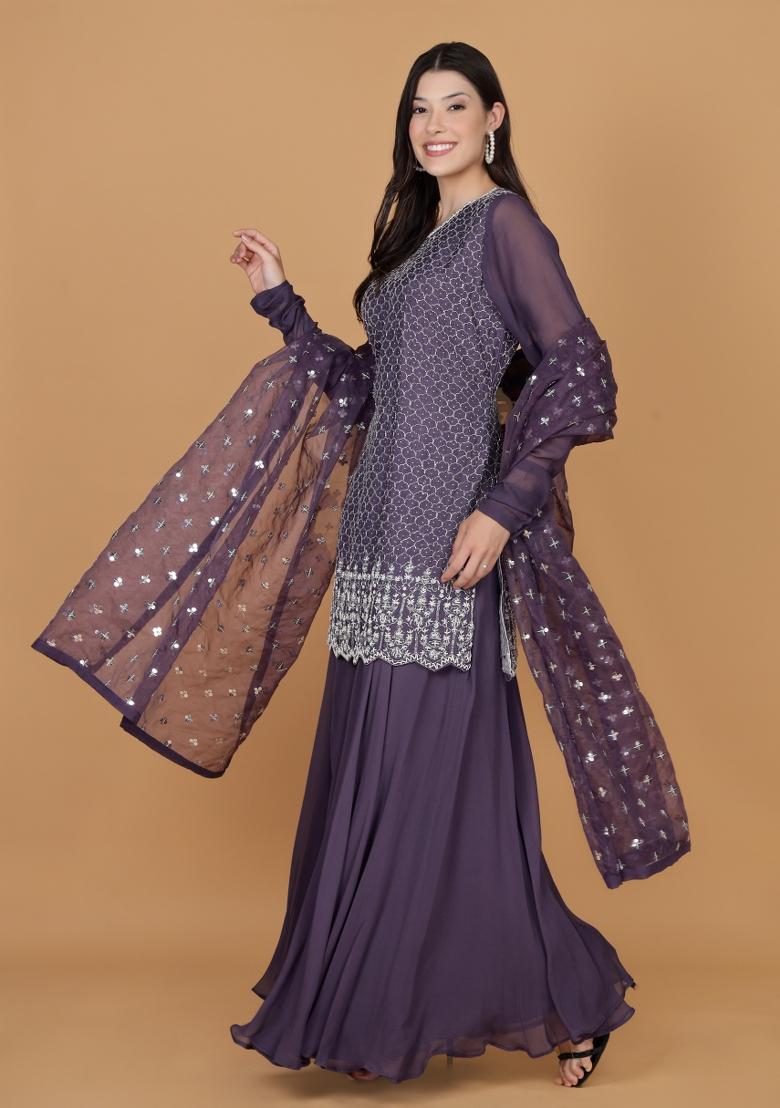 Purple Beads Work Silk Sharara Set - Indya