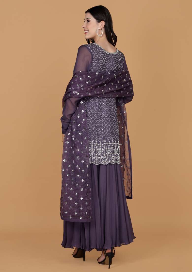 Purple Embroidered Silk Blend Sharara Set - Indya
