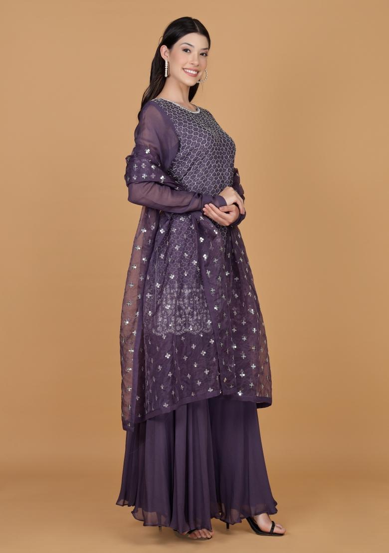 Purple Beads Work Silk Sharara Set - Indya