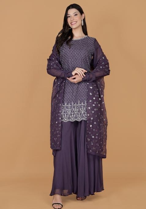 Purple Beads Work Silk Kurta Set