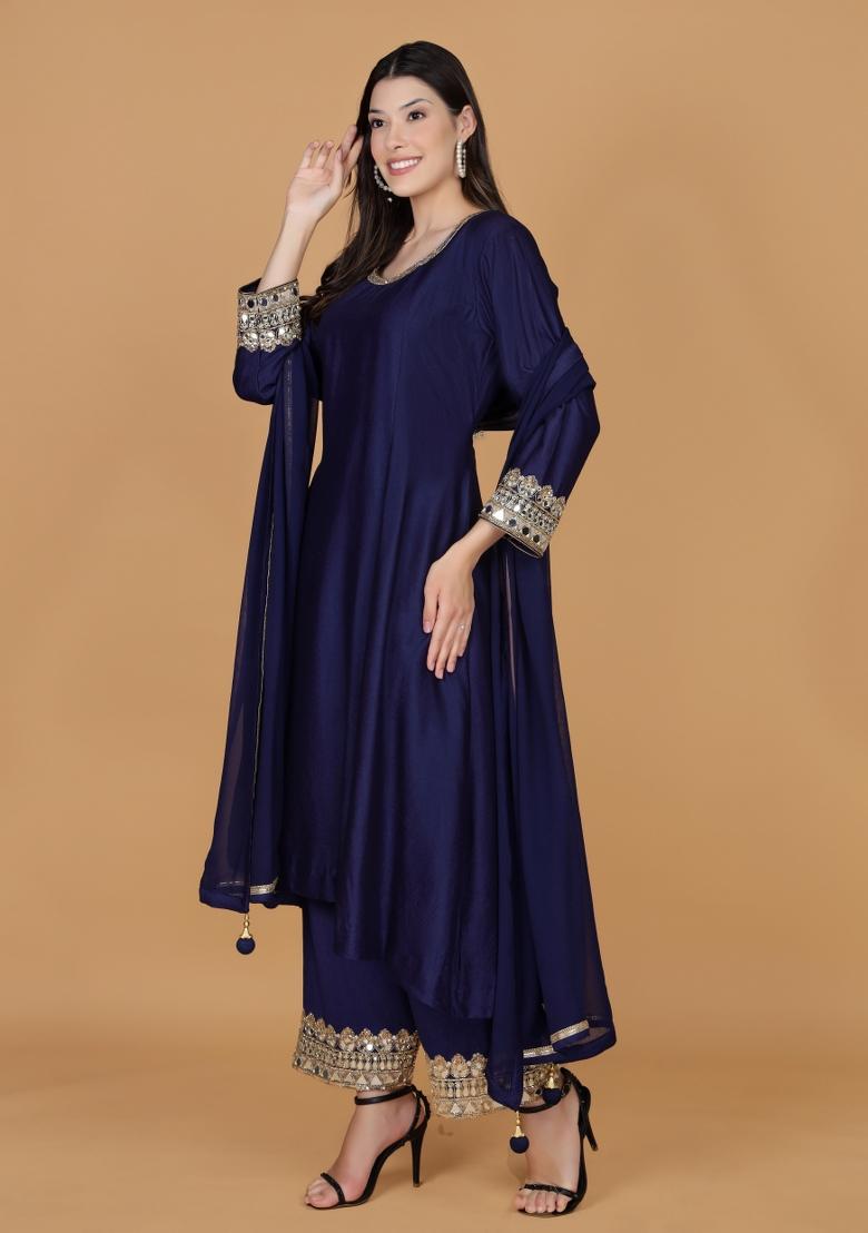 Blue Mirror Work Silk Straight Kurta Set - Indya