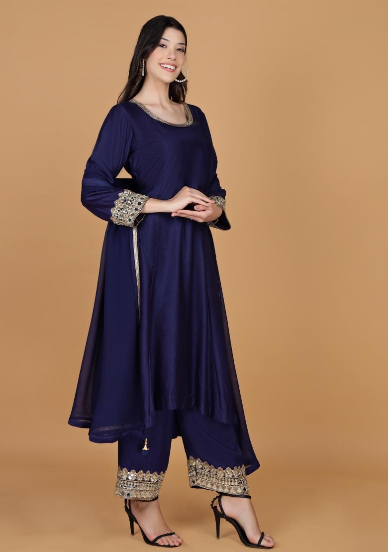 Blue Mirror Work Silk Straight Kurta Set - Indya