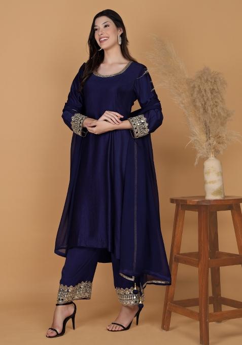 Blue Mirror Work Silk Kurta Set