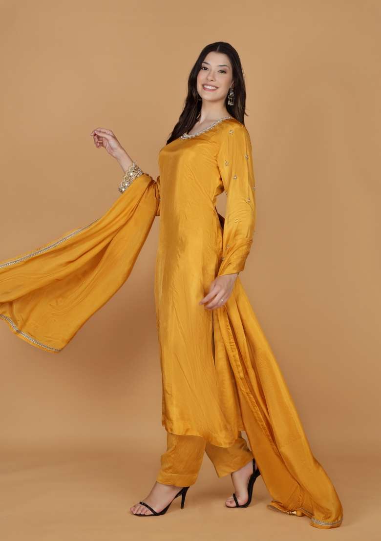 Mustard Embroidered Silk Blend Straight Kurta Set - Indya