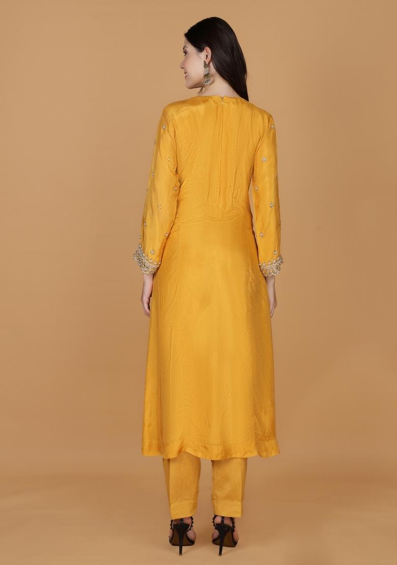 Mustard Beads Work Silk Straight Kurta Set - Indya