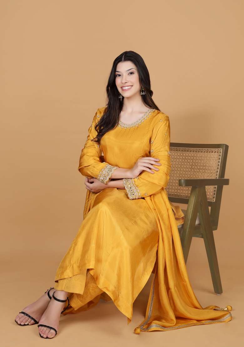 Mustard Embroidered Silk Blend Straight Kurta Set - Indya