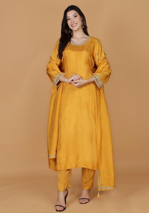 Mustard Beads Work Silk Kurta Set