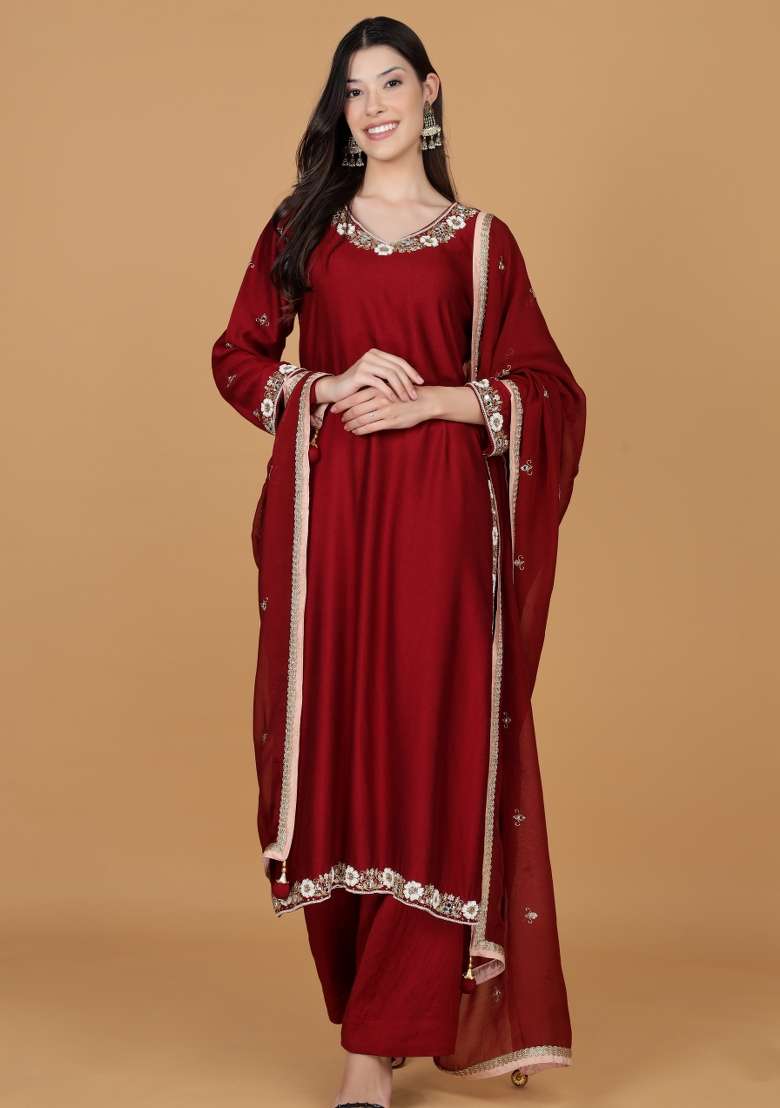 Maroon Embroidered Silk Blend Anarkali Set - Indya