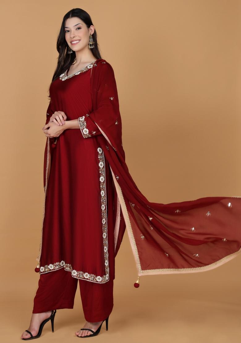 Maroon Beads Work Silk Straight Kurta Set - Indya