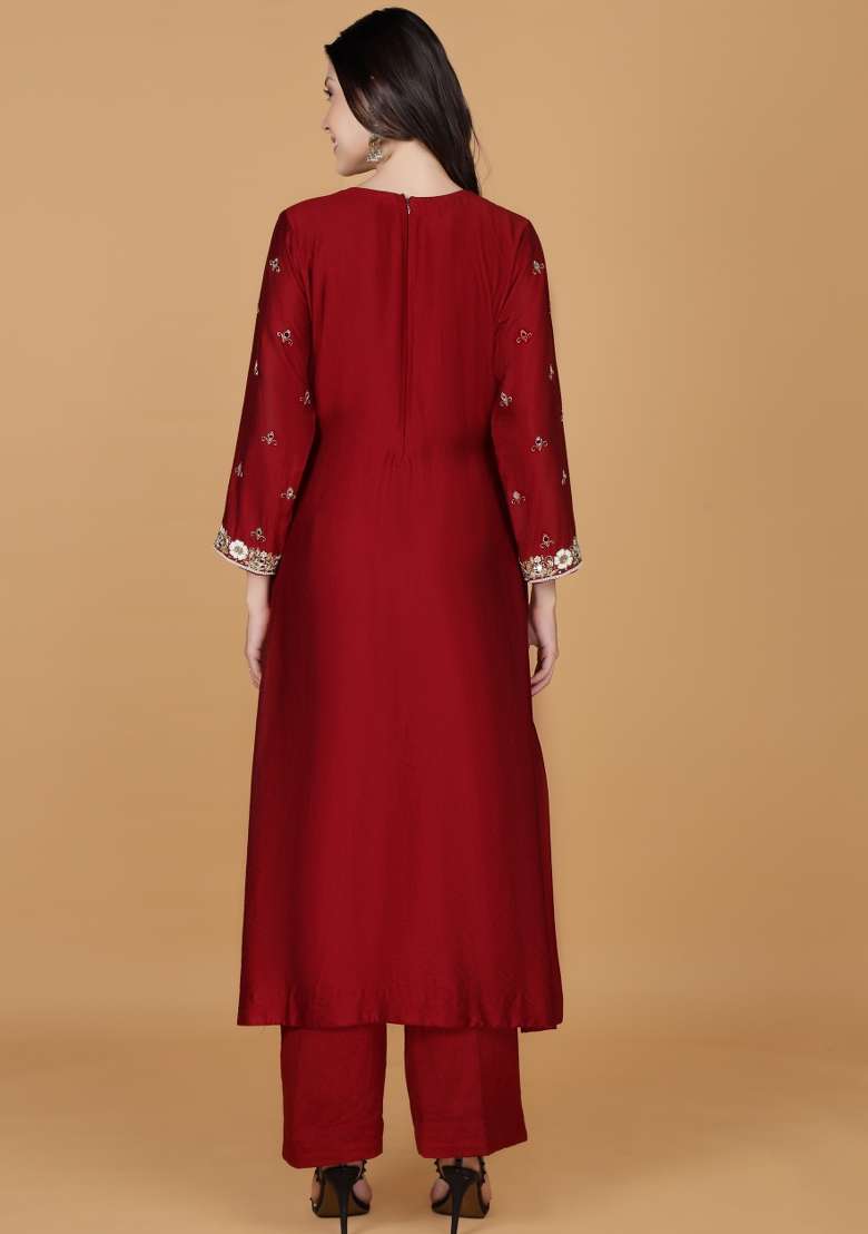Maroon Embroidered Silk Blend Anarkali Set - Indya