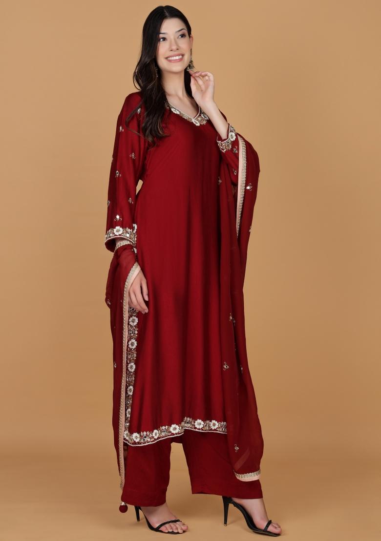 Maroon Beads Work Silk Straight Kurta Set - Indya