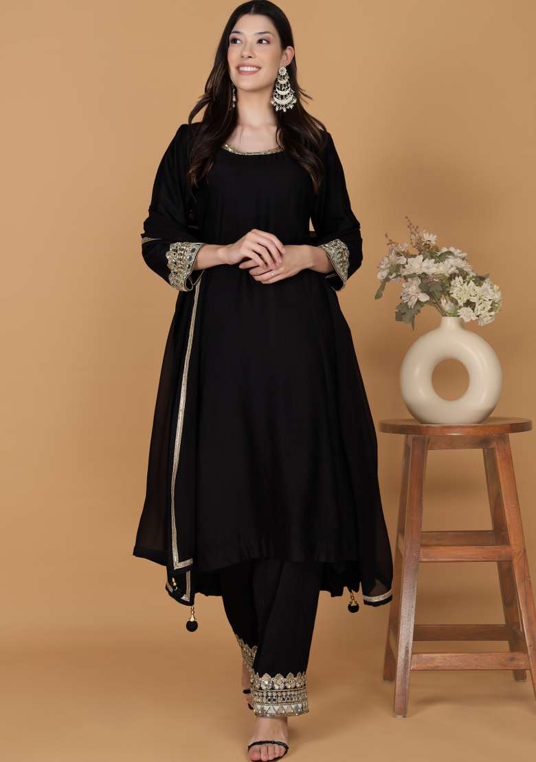 Black Embroidered Silk Blend A Line Kurta Set - Indya