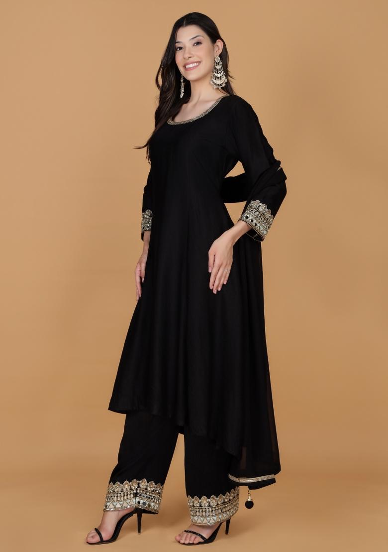 Black Mirror Work Silk Kurta Set - Indya