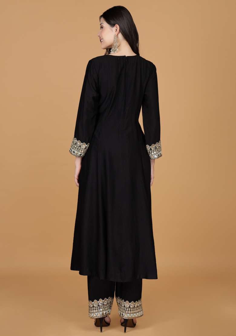 Black Embroidered Silk Blend A Line Kurta Set - Indya