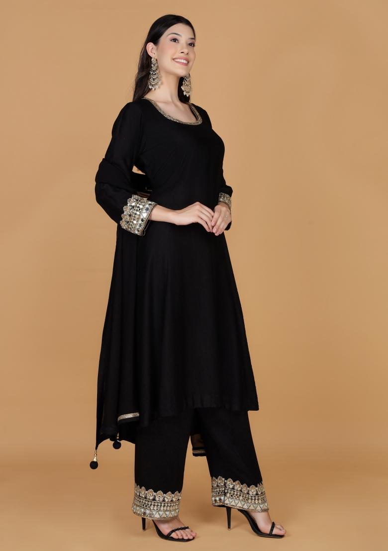 Black Mirror Work Silk Kurta Set - Indya