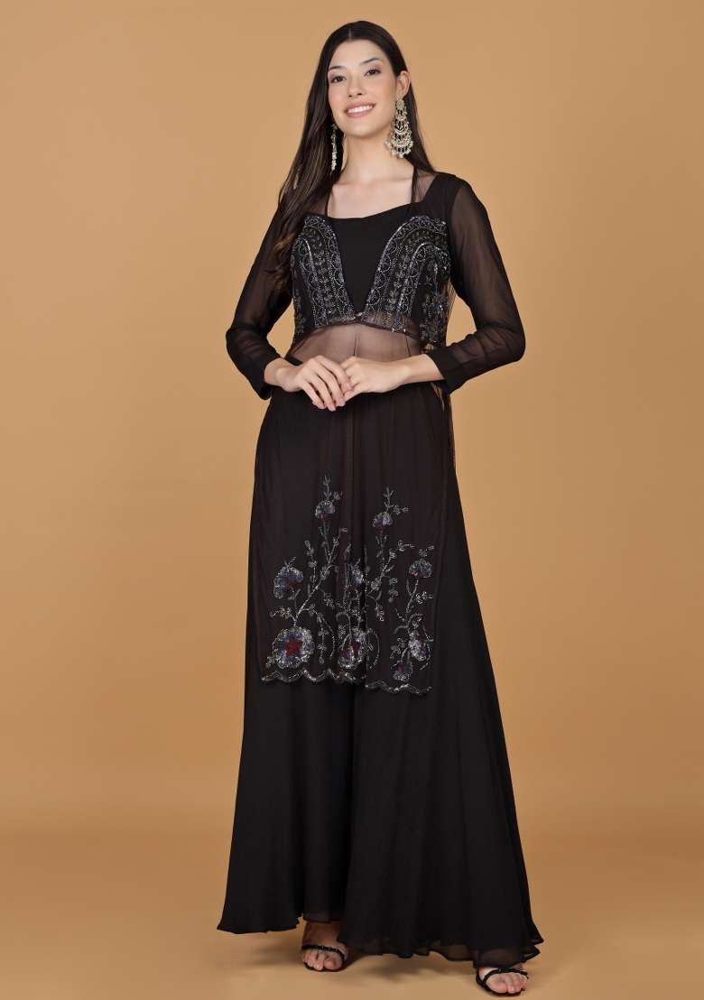 Dark Brown Embroidered Georgette Sharara Set - Indya