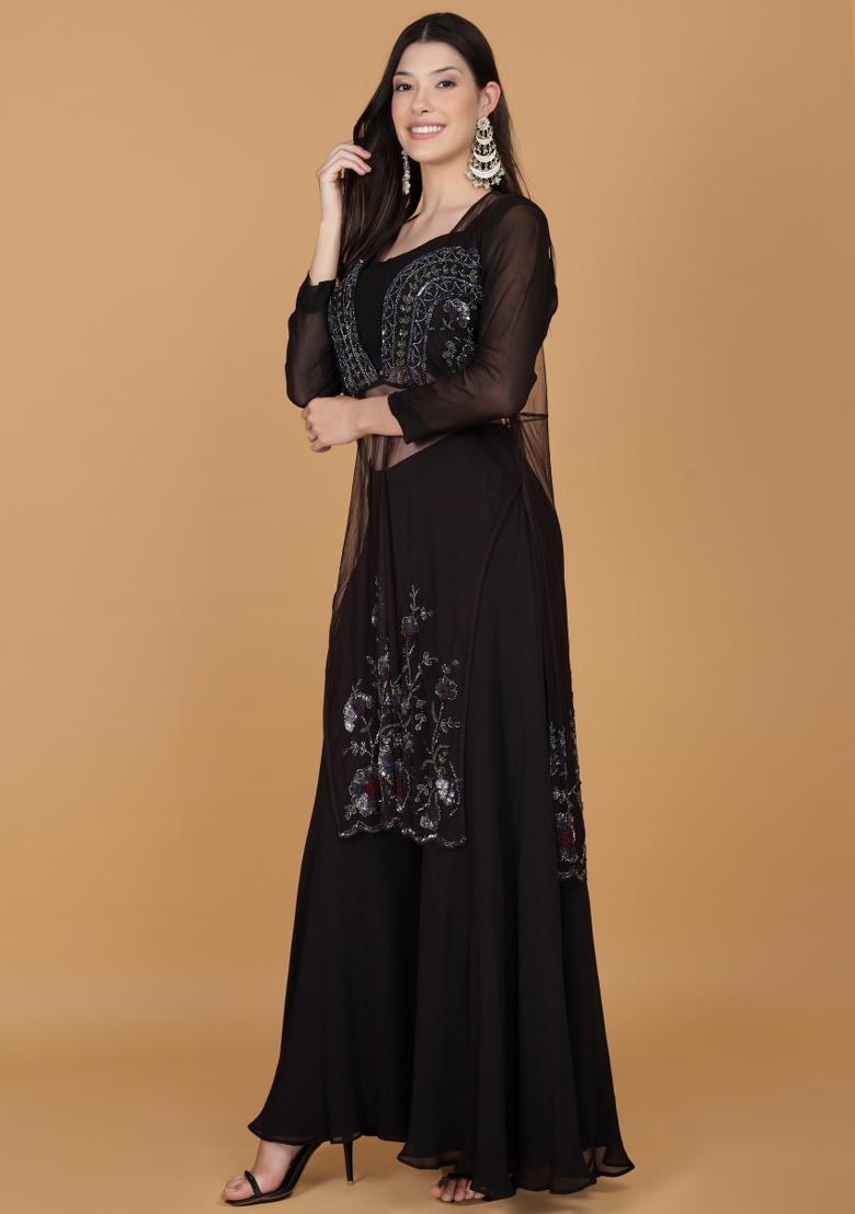 Dark Brown Beads Georgette Sharara Set - Indya