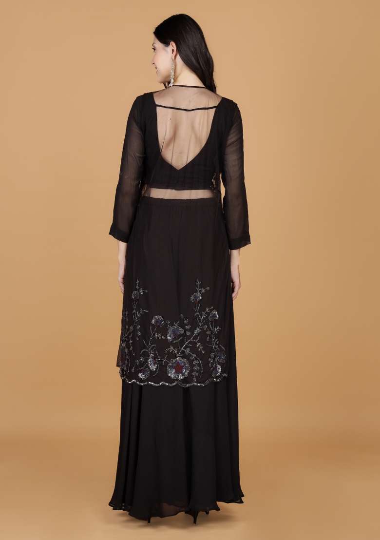 Dark Brown Embroidered Georgette Sharara Set - Indya