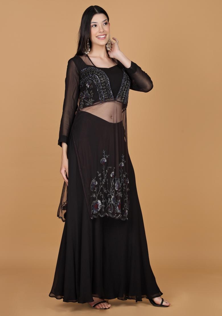 Dark Brown Beads Georgette Sharara Set - Indya