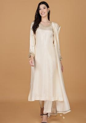 Ivory Beads Work Silk Straight Kurta Set