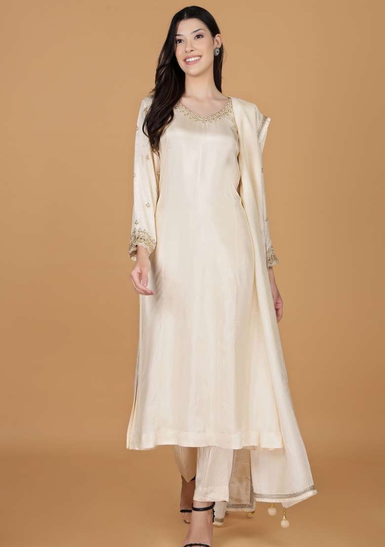 Ivory Embroidered Silk Blend Straight Kurta Set - Indya