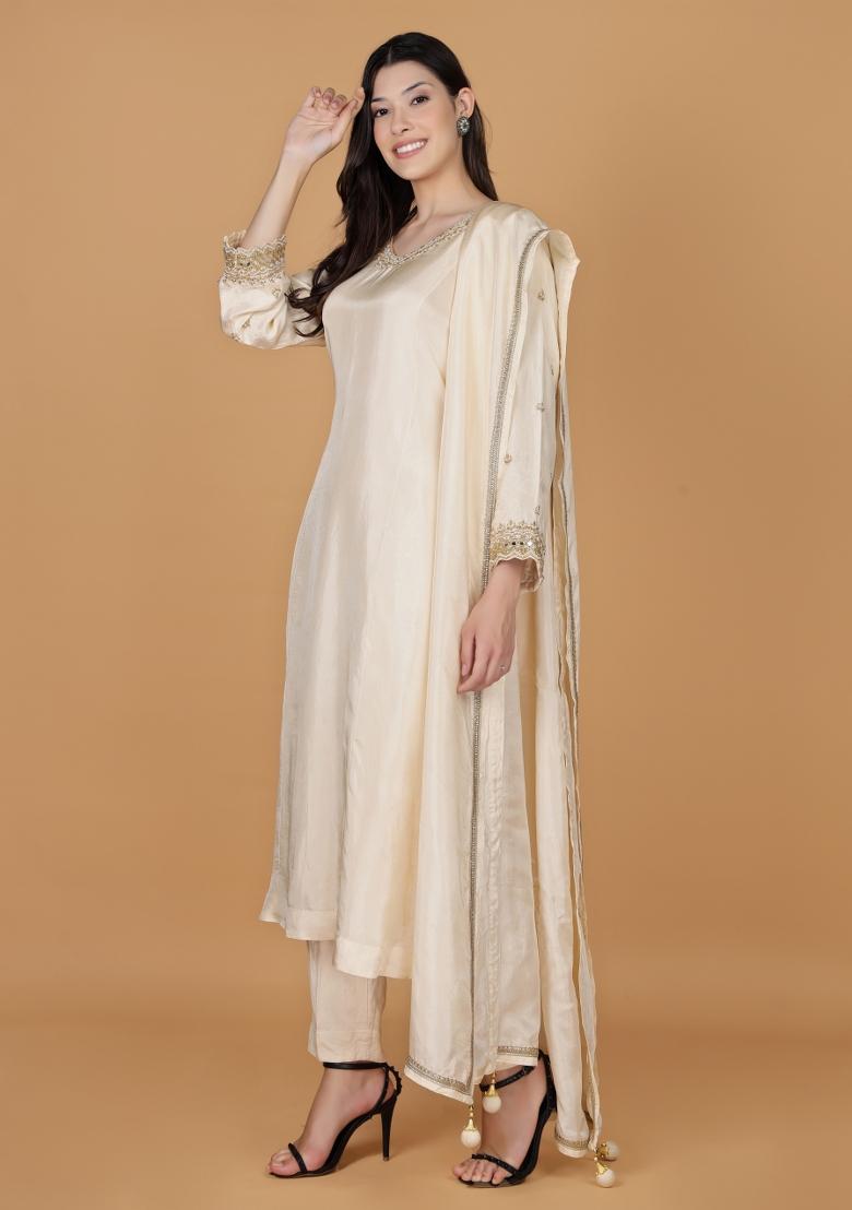 Ivory Beads Work Silk Straight Kurta Set - Indya