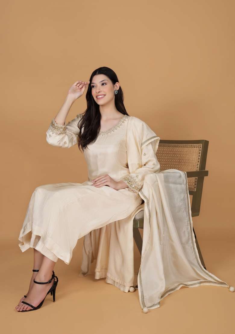Ivory Embroidered Silk Blend Straight Kurta Set - Indya