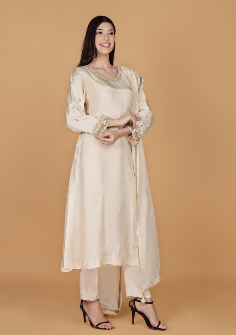 Ivory Beads Work Silk Straight Kurta Set - Indya