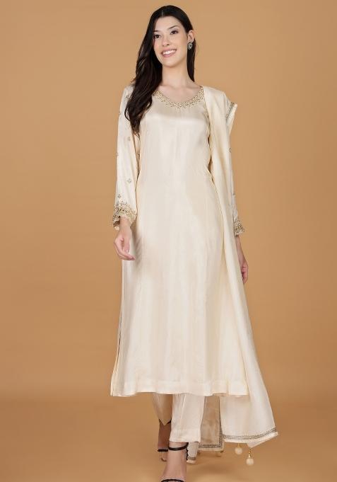 Ivory Beads Work Silk Kurta Set