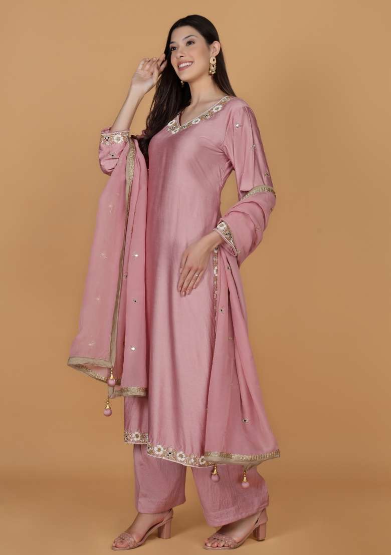 Onion Pink Embroidered Silk Blend Straight Kurta Set - Indya
