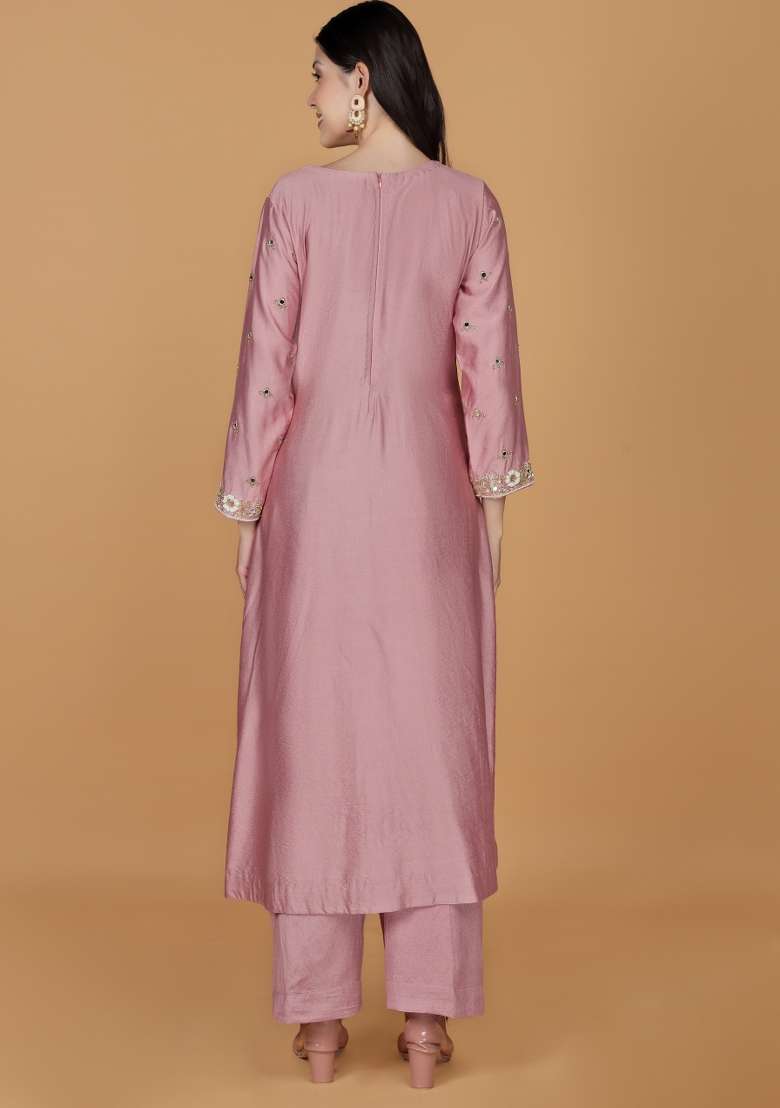 Onion Pink Embroidered Silk Blend Straight Kurta Set - Indya