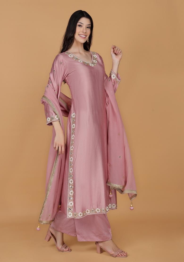 Onion Pink Beads Work Silk Kurta Set - Indya