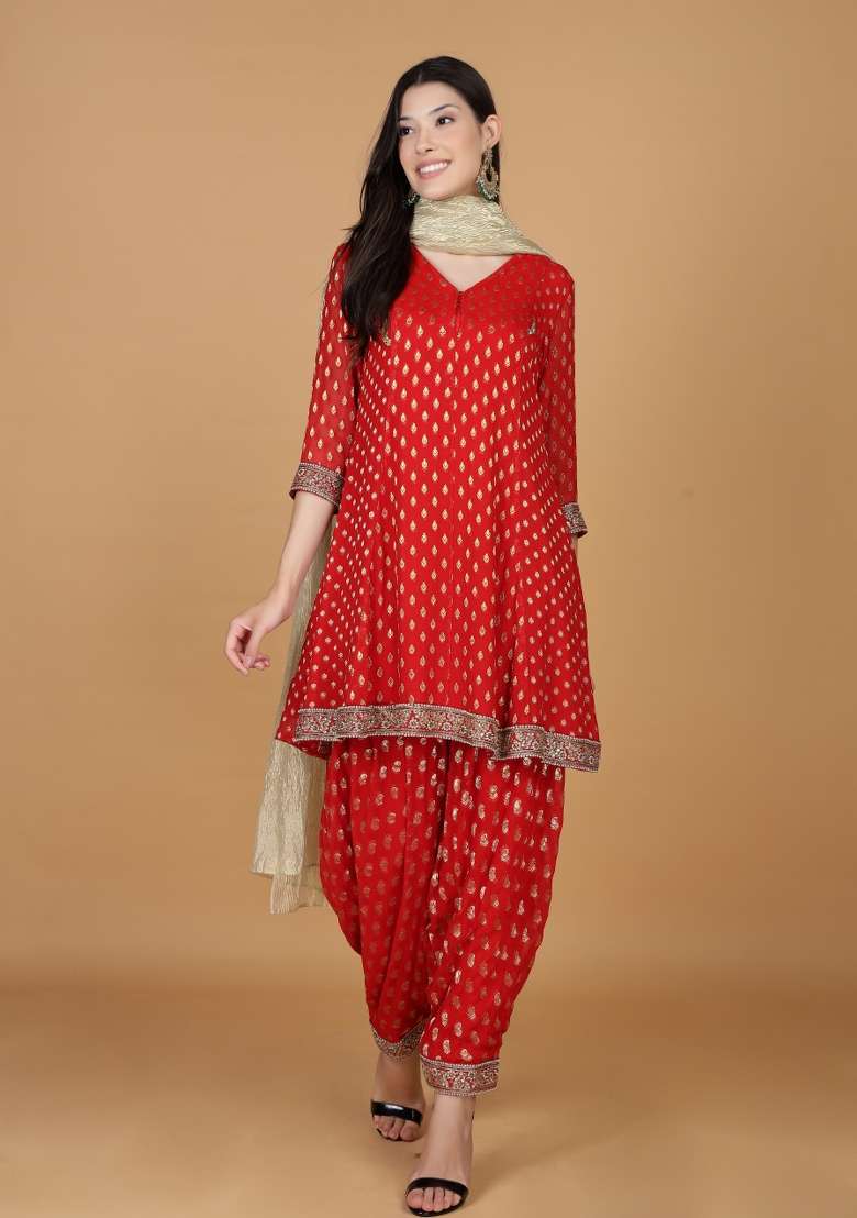 Red Bandhani Georgette Punjabi Suit - Indya