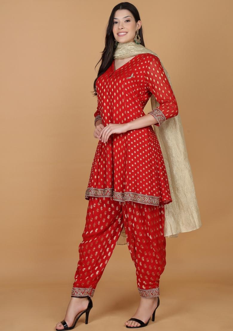 Red Beads Work Georgette Kurta Set - Indya