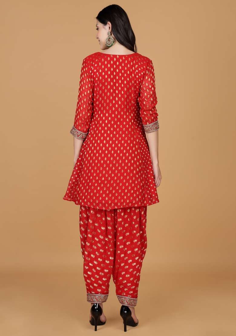 Red Bandhani Georgette Punjabi Suit - Indya